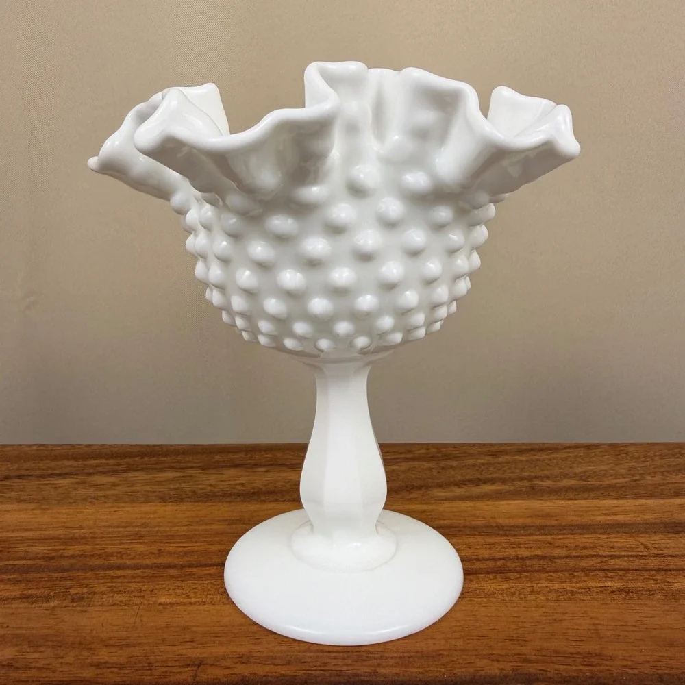 Fenton Milk Glass Hobnail Compote Ruffled Edge Pedestal Bowl Vintage Art Glass